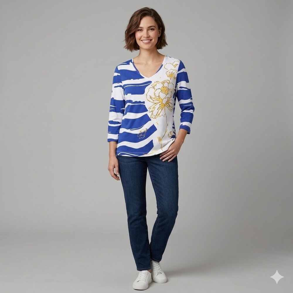 ⁠Chicos Womens Size 1 Blue White Striped Top V-Neck Tee Shirt Floral 3/4 Sleeve⁠